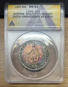 1956 ANACS MS63 Wolfgang Mozart Austria Silver 25 Schilling - Rainbow Toned - Picture 1 of 2