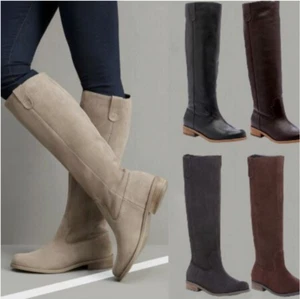 Retro Ladies Knee High Riding Boots Round Toe Flat Heel Slip On Women Boots / - Picture 1 of 9