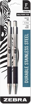 Zebra F-301 Ballpoint Stainless Steel Retractable Pen 0.7mm Black Ink 2 Pack NEW