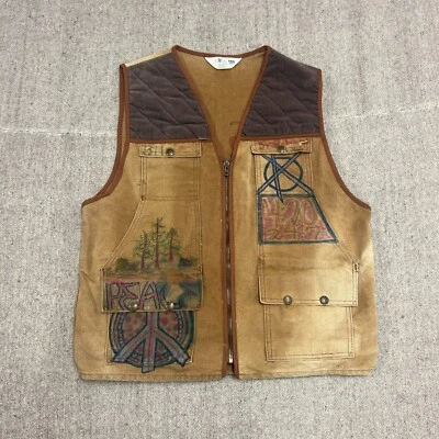 Vintage Folk Art Vest Mens Medium Brown 1960s Key Imperial Drawing Art - Image 1 of 4