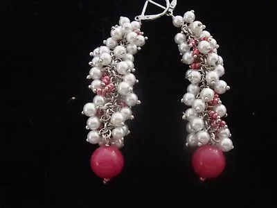 Pendientes cristal perla rojo jade rojo cristal en tono plateado palanca TGW 54,43 ct j18 Foto 1 de 4
