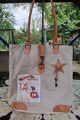 Vintage Addiction Girl Shopping Canvas & Leather Upcycled Tote NWOT  - Image 1 of 4
