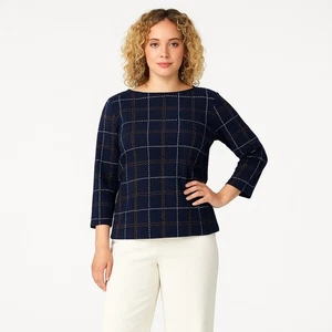 Ann Taylor Factory Navy Plaid Sweater Top Boat Neck 3/4 Sleeve Size MP - Picture 1 of 7