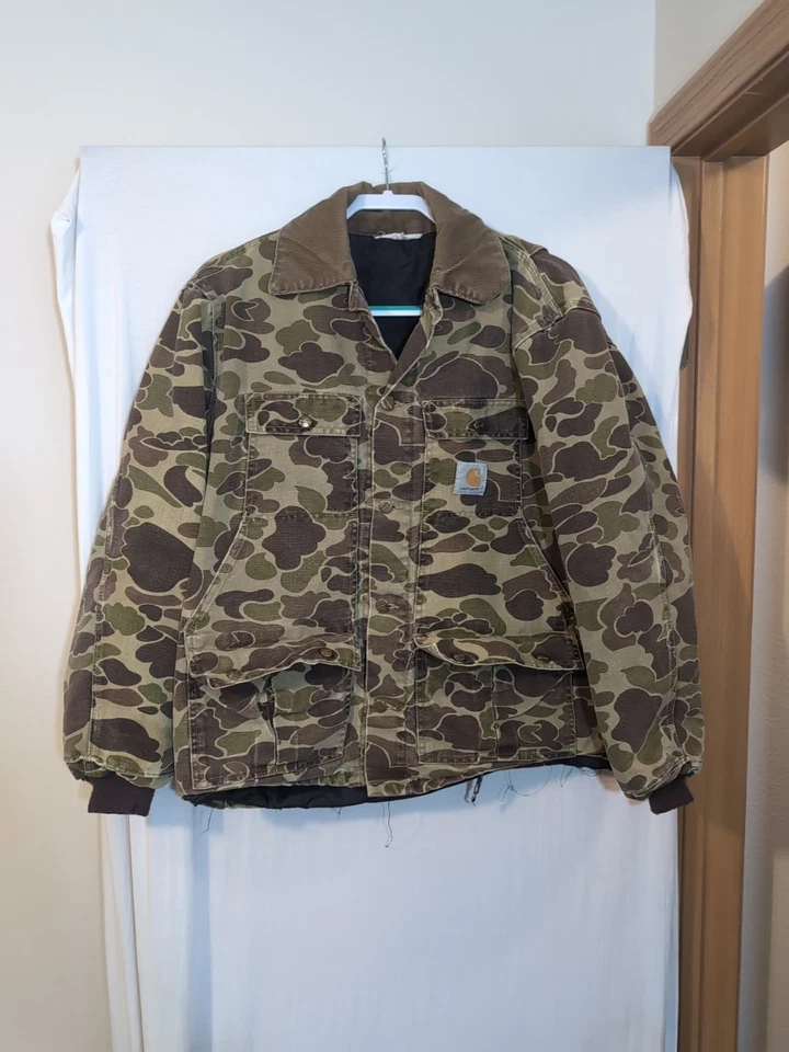 *Desgastada* Chaqueta de Caza Carhartt Cuello Pana Pato Camuflaje Denim De Colección 80 90 L Foto 1 de 4
