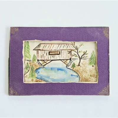 Tiny Painting Original Art Watercolor Covered Bridge River Artist Signed 5"x3" - Image 1 of 4