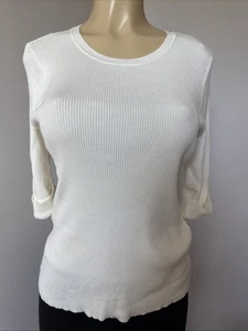 WHBM Women's Top Cream Round Neck Stretch Short Sleeve w/cuff Layer LARGE EUC - Picture 1 of 9