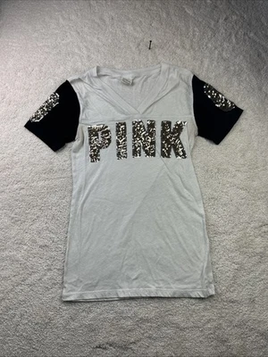 Victorias Secret PINK In Gold on White/Black Sequin Logo V-Neck Tee T-Shirt Top - Image 1 of 4