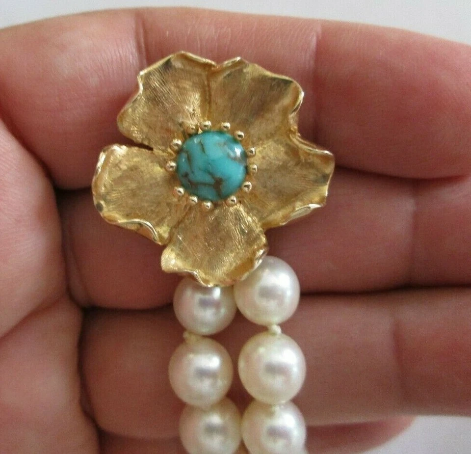 14K Gold 7.5 MM Cultured Pearl Necklace with Turquoise "Removable Clasp"   32"  - Image 1 of 4