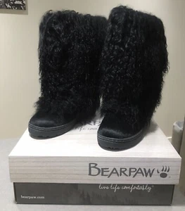 NEW BEARPAW Boetis II Black Furry Curly Lamb Fur Mongolian Sherpa Boots SIZE 7 - Picture 1 of 10