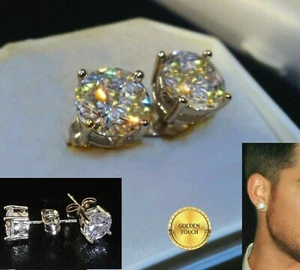 Mens Silver Statement 9mm Simulated Diamond 18K White Gold Filled Stud Earrings - Picture 1 of 8