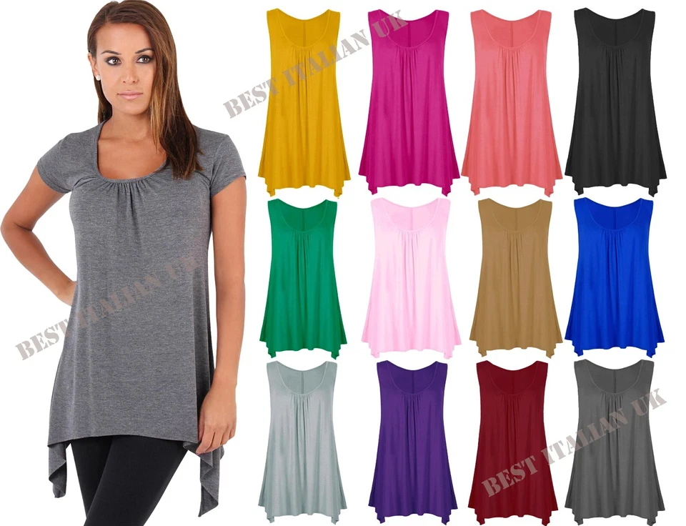 Women Ladies Hanky Hem Sleeveless Flared Jersey Long Tunic Flared Swing Vest Top - Image 1 of 1