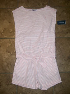 New Nautica Girls Melon Seersucker Stripe One Piece Shorts Romper Sz 10 NWT - Picture 1 of 6