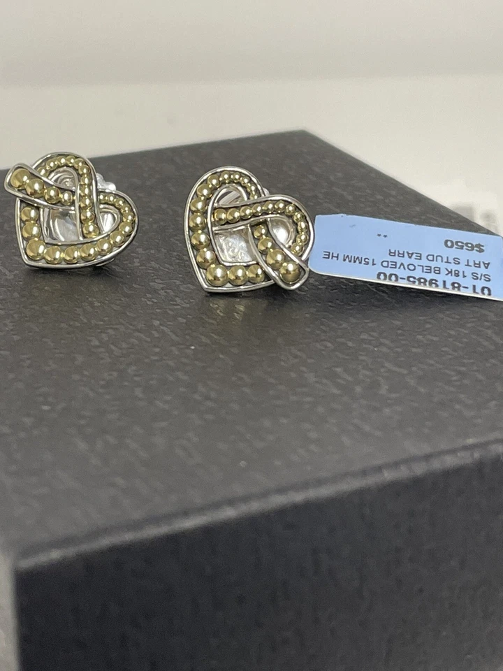 LAGOS Sterling Silver 18K GOLD CAVIAR BELOVED Two Tone Heart Stud Earrings