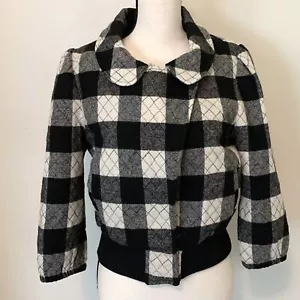 STEVEN ALAN Black & White Plaid Cropped Bomber Jacket- Sz L -Quilted Lightweight - Picture 1 of 14
