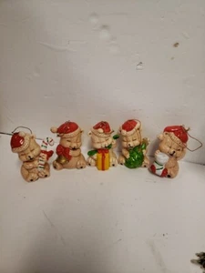 5 VTG 80'S CERAMIC BEAR CHRISTMAS TREE ORNAMENTS TAIWAN CANDY CANE BELL PRESENT - Picture 1 of 15