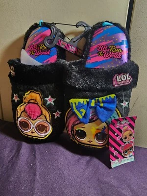 LOL Surprise Glitter On Girls Novelty Slippers Kids Blk Faux Fur Size 13-1. New - Image 1 of 3