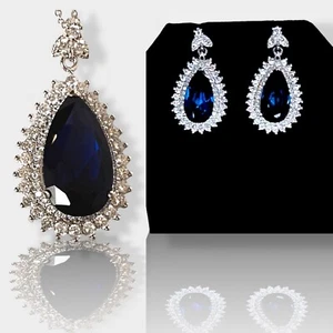 Pear Cut Sapphire & White Topaz Earrings 8.4 Ct & Necklace 10.70 Ct Sterling 925 - Picture 1 of 21