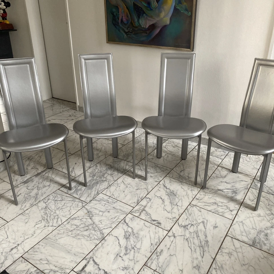 Cattelan Italia Lara Kernleder 4 Stühle Silber Mid-Century Post-Modern - Bild 1 von 4