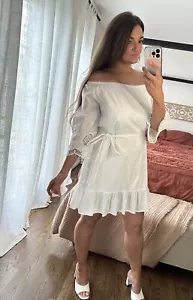 Loft Beach Size Medium 100% Cotton White 3/4 Sleeve Lined Beach Dress - Picture 1 of 10