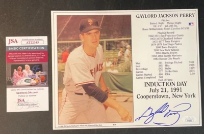 Gaylord Perry Signed Induction Card JSA Cert w/COA MLB S.F. Giants #36 HOF 1991! - Image 1 of 4