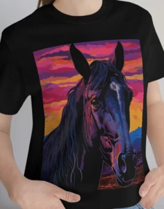 Black Stallion Horse Portrait T Shirt - Men or Women - Soft Cotton Tee - Picture 1 of 5