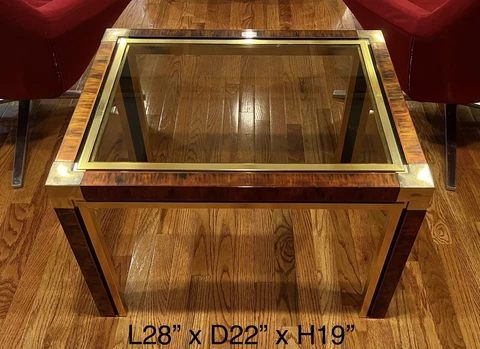 1970s MCM Faux Tortoise Shell Metal and Brass Accent Table With Smoked Glass Top Cover
