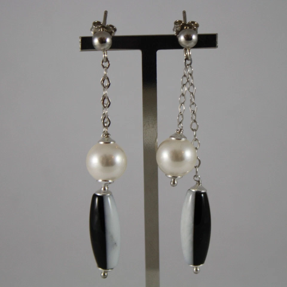 ORECCHINI IN ARGENTO 925 PENDENTI CON PERLA BIANCA SINTETICA E AGATA BIANCA-NERA - Immagine 1 di 1