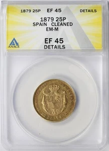 1879 España 25 Pesetas Oro Alfonso XII ANACS EF45 Detalles Limpio EM-M - Imagen 1 de 4