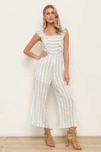 Women's RUFFLE SLEEVE STRIPE JUMPSUIT - OFF WHITE/OLIVE Size Large - Picture 1 of 10