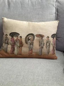 Goblys French Tapestry Pillow Japanese Women Kimonos Parasols 18.5” X 13” - Picture 1 of 6