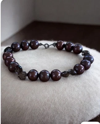 Vintage burgundy Pearl Bracelet Sterling Silver heart Smokey quartz accents. - Image 1 of 4