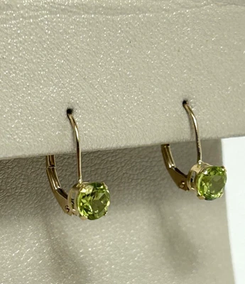 CHARMING 10K YELLOW GOLD ROUND PERIDOT LEVERBACK DROP DANGLE EARRINGS - Image 1 of 4