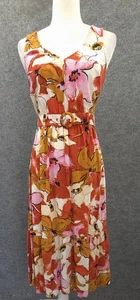 Nine West Kleid Damen XS ärmellos V-Ausschnitt Gürtel Midi Rüschen orange geblümt - Bild 1 von 19