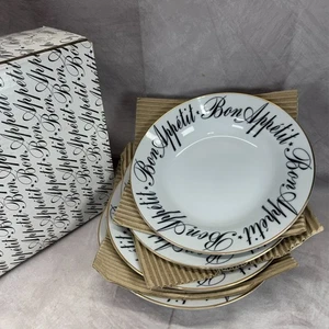 DEPARTMENT 56 Bon Appetit Porcelain Soup Bowls Set of 4 Gold Trim 8" Japan - Picture 1 of 14