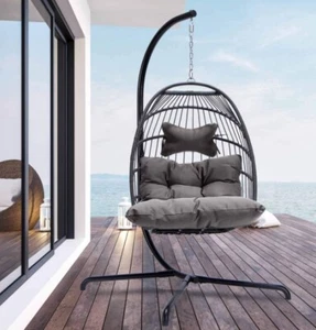 Hanging Egg Chair Patio Wicker Rattan Soft Cushion Foldable Hammock Stand Steel - Picture 1 of 16