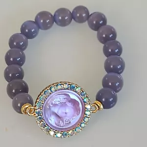 KIRKS FOLLY PURPLE CRYSTAL ANGEL BEAD BRACELET SIGNED MEASURES 7 3/4 TO 8 INCHES - Picture 1 of 14