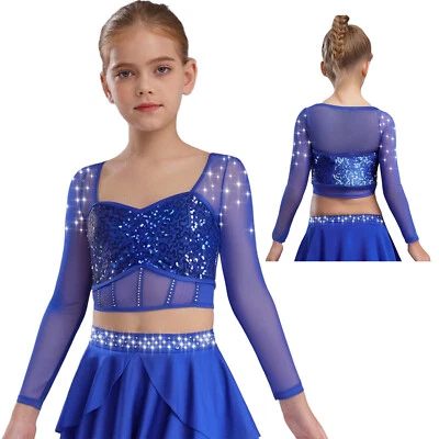 Girl's Illusion Mesh Shiny Sequins Rhinestones Corset Crop Top Dance Performance - Image 1 of 3