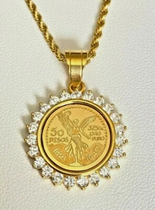 Mexican Gold Peso Coin Pendant Necklace 50 Pesos, 16-24 Inch Chain Skin-Friendly - Picture 1 of 5