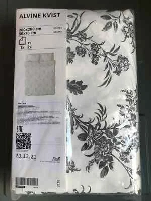 Ikea Alvine Kvist White/Grey/Black Floral Double Duvet Cover Set 200x200cm NEW