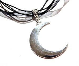 BLACK RIBBON SILVER CRESCENT MOON CHOKER gothic witch wiccan lunar necklace 1C - Picture 1 of 4