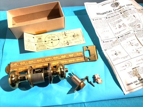 Vintage CORBIN Passage Door Mortise Lock, Knobs, Rosettes, Strike & Screws NOS-D Cover
