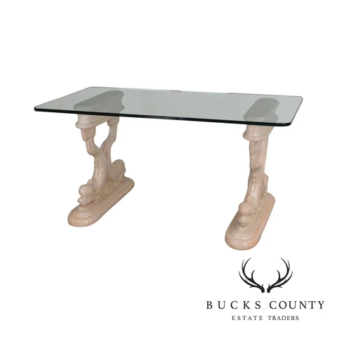 Hollywood Regency Style Vintage Carved Dolphin Base Glass Top Writing Desk Cover