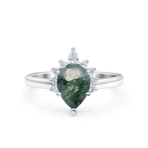 Art Deco Ring Birne Träne Natur Grün Moos Achat Floral 925 Sterling Silber - Bild 1 von 24