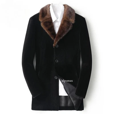 Men's Real Mink Fur Collar Jacket Shearling Lamb Fur Down Warm Parka Trench Coat - Image 1 of 4