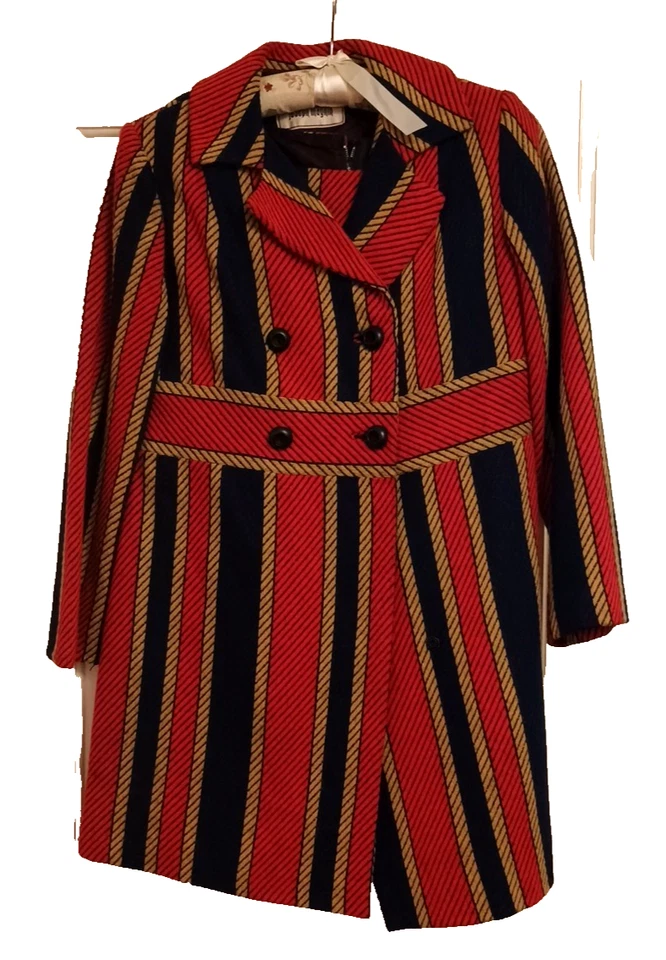 Antigo FAB Joseph Magnin 2 peças Mod vestido listrado azul vermelho dourado e casaco longo botão P - Imagem 1 de 4