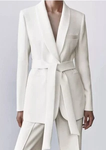 ZARA NEW WOMAN'S BELTED TUXEDO JACKET BLAZER ECRU SIZE XS 2310/187 - Picture 1 of 7