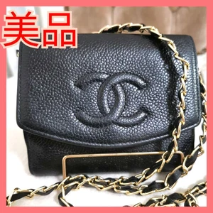 CHANEL Coco Mark Chain Bifold Wallet Shoulder Bag  Leather Black Used From Japan - Picture 1 of 8