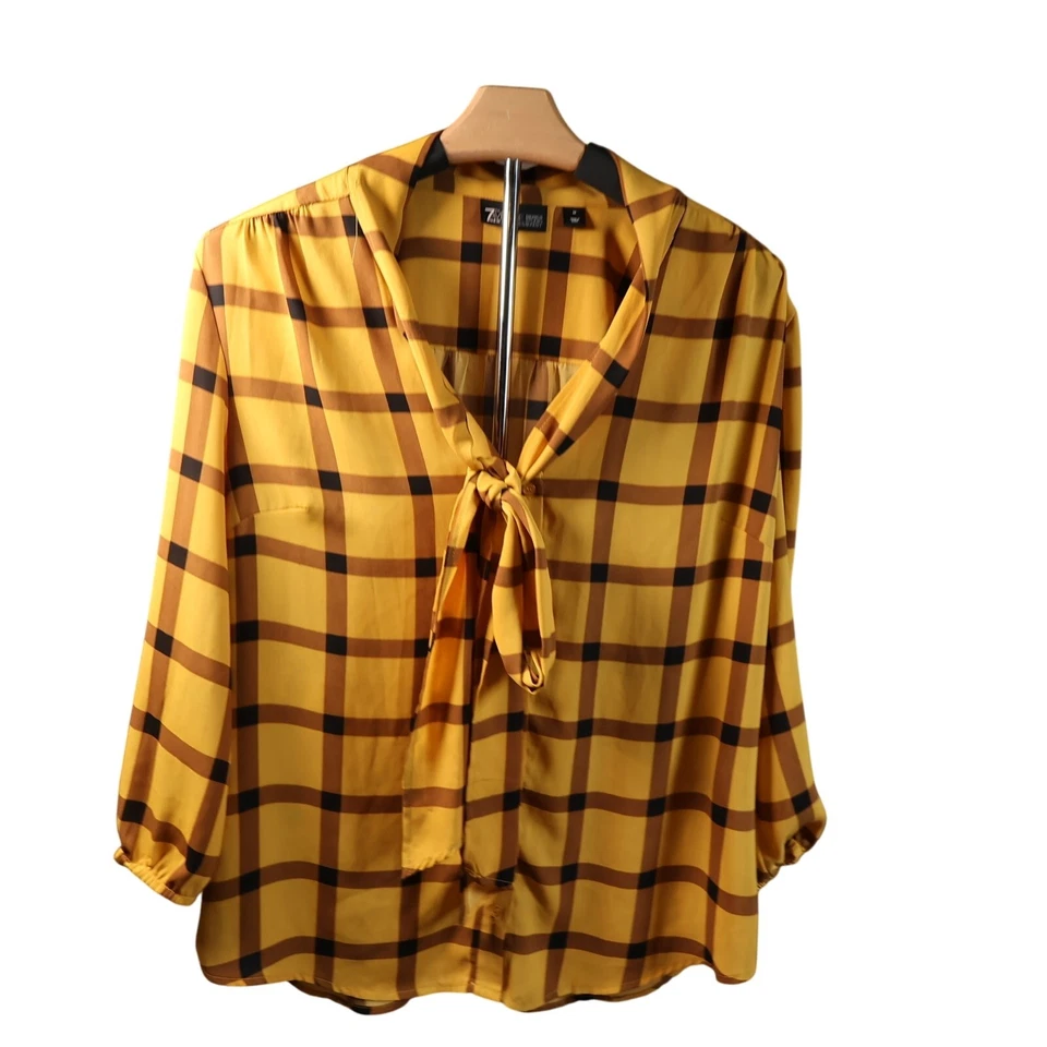 New York & Company Blouse Yellow & Brown Plaid Tie-V-Neck 3/4 Sleeve Size M - Image 1 of 4