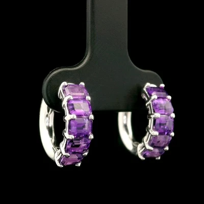 New Custom 14k White Gold 2.01ctw Emerald Cut Amethyst Huggie Hoop Earrings - Image 1 of 4