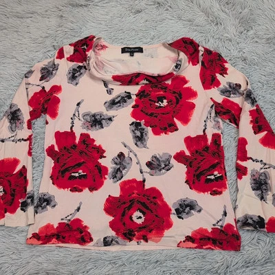 Camisa Evan Picone Feminina L Vermelha Floral Mescla de Seda Casual Conforto Elástico - Imagem 1 de 4